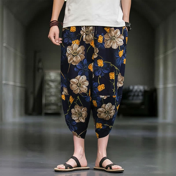 Buddha Stones Pantaloni Capri estivi casual boho con stampa floreale, modello affusolato da uomo con tasche. - image 1
