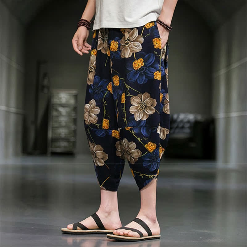 Buddha Stones Pantaloni Capri estivi casual boho con stampa floreale, modello affusolato da uomo con tasche. - image 6