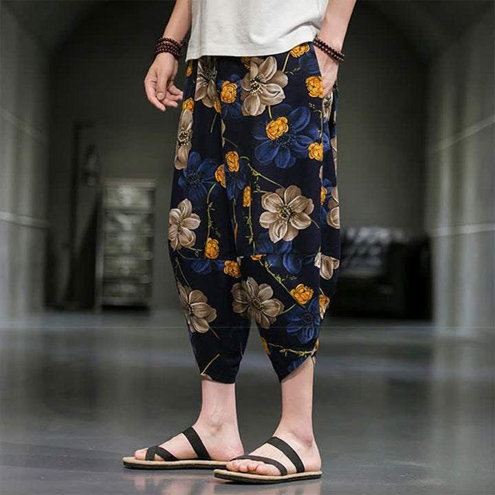 Buddha Stones Pantaloni Capri estivi casual boho con stampa floreale, modello affusolato da uomo con tasche. - image 6