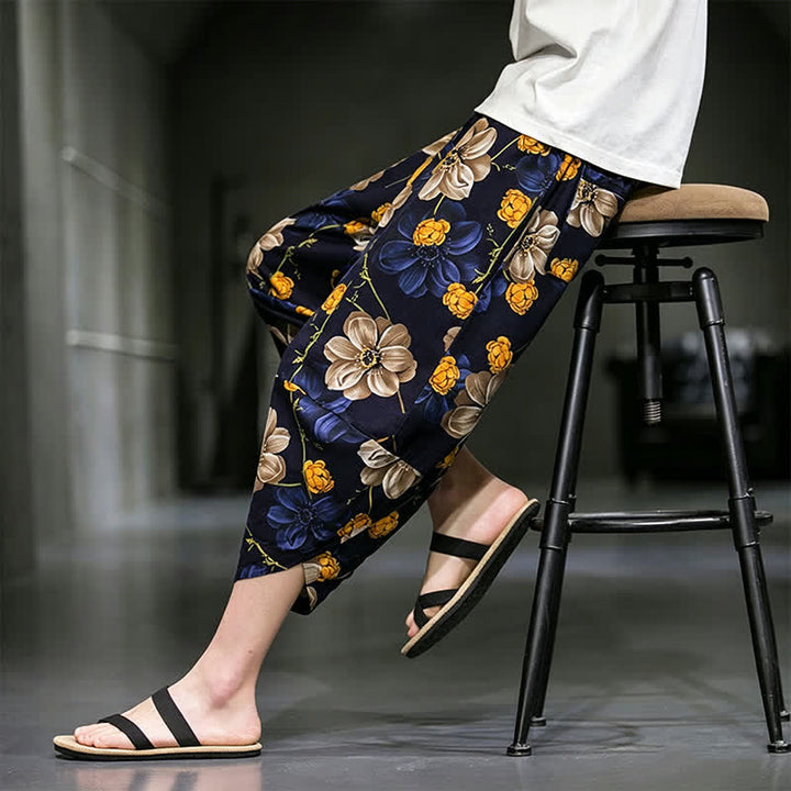 Buddha Stones Pantaloni Capri estivi casual boho con stampa floreale, modello affusolato da uomo con tasche. - image 9