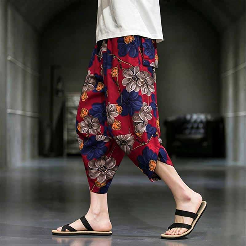 Buddha Stones Pantaloni Capri estivi casual boho con stampa floreale, modello affusolato da uomo con tasche. - image 13