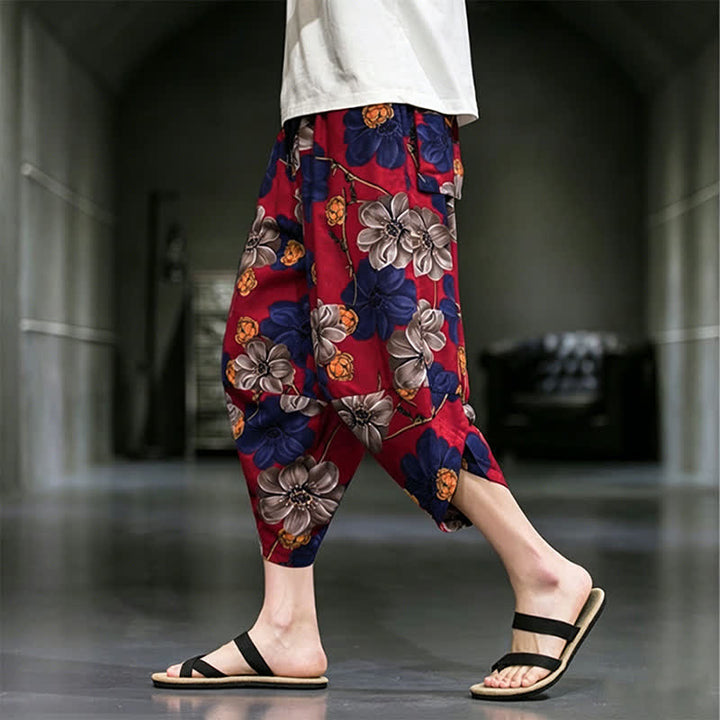 Buddha Stones Pantaloni Capri estivi casual boho con stampa floreale, modello affusolato da uomo con tasche. - image 13