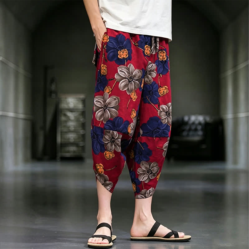 Buddha Stones Pantaloni Capri estivi casual boho con stampa floreale, modello affusolato da uomo con tasche. - image 12