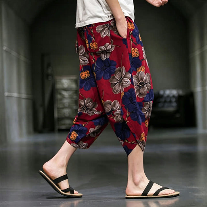 Buddha Stones Pantaloni Capri estivi casual boho con stampa floreale, modello affusolato da uomo con tasche. - image 15