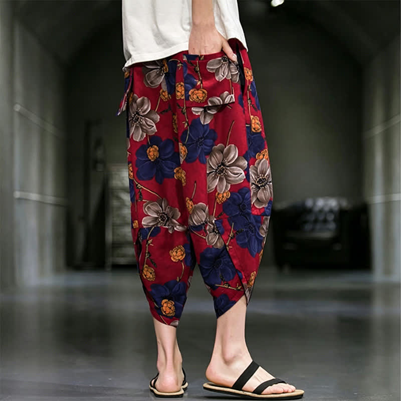 Buddha Stones Pantaloni Capri estivi casual boho con stampa floreale, modello affusolato da uomo con tasche. - image 14