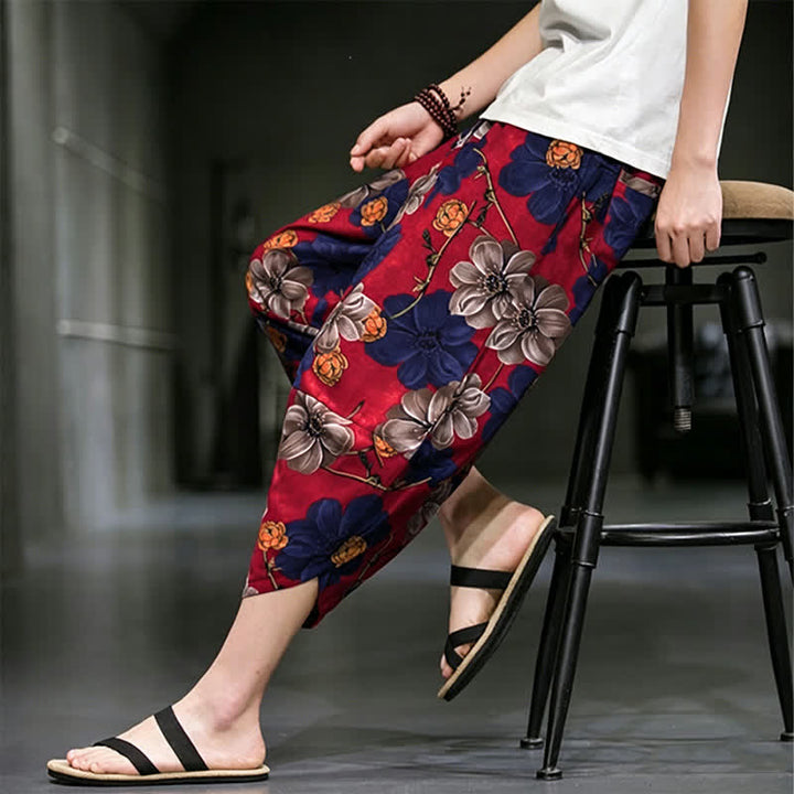 Buddha Stones Pantaloni Capri estivi casual boho con stampa floreale, modello affusolato da uomo con tasche. - image 17