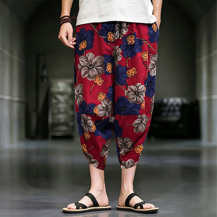 Buddha Stones Pantaloni Capri estivi casual boho con stampa floreale, modello affusolato da uomo con tasche. - FireBrick - US/UK/AU48, EU58 (5XL) - image 11