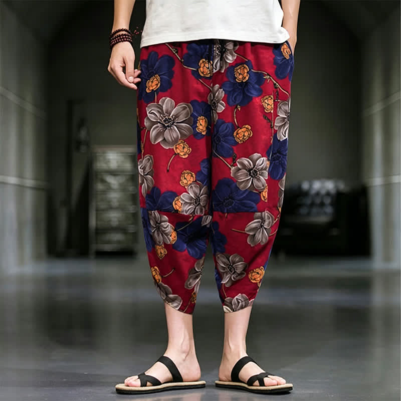 Buddha Stones Pantaloni Capri estivi casual boho con stampa floreale, modello affusolato da uomo con tasche. - FireBrick - US/UK/AU46, EU56 (5XL) - image 11