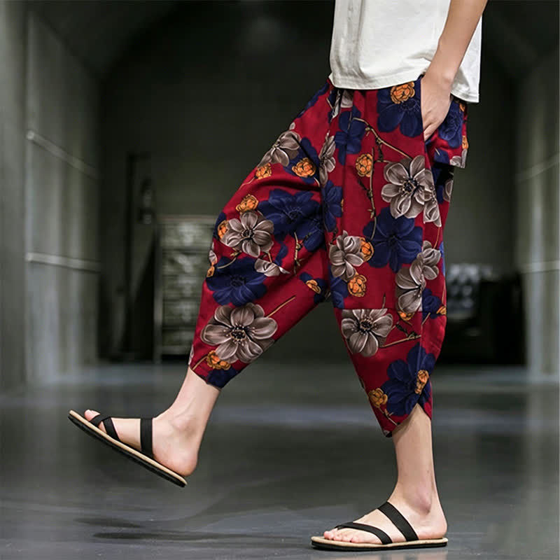 Buddha Stones Pantaloni Capri estivi casual boho con stampa floreale, modello affusolato da uomo con tasche. - image 16