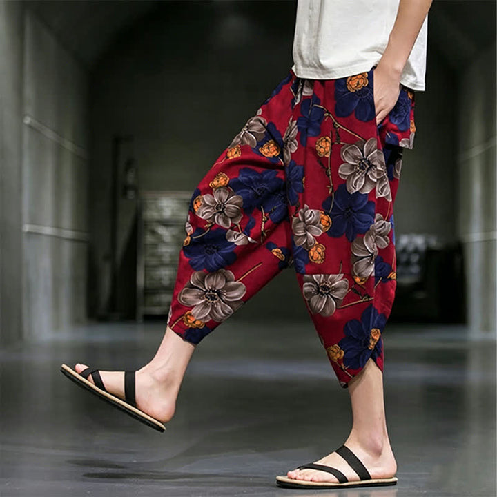 Buddha Stones Pantaloni Capri estivi casual boho con stampa floreale, modello affusolato da uomo con tasche. - image 16