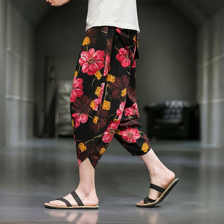 Buddha Stones Pantaloni Capri estivi casual boho con stampa floreale, modello affusolato da uomo con tasche. - image 20