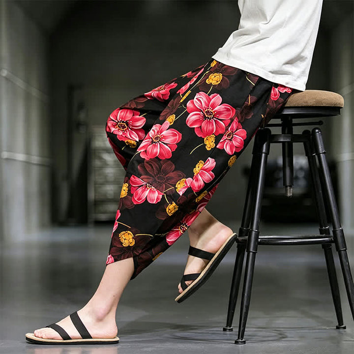 Buddha Stones Pantaloni Capri estivi casual boho con stampa floreale, modello affusolato da uomo con tasche. - image 24