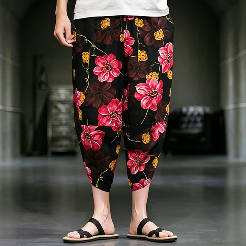 Buddha Stones Pantaloni Capri estivi casual boho con stampa floreale, modello affusolato da uomo con tasche. - Cremisi - US/UK/AU46, EU56 (5XL) - image 18