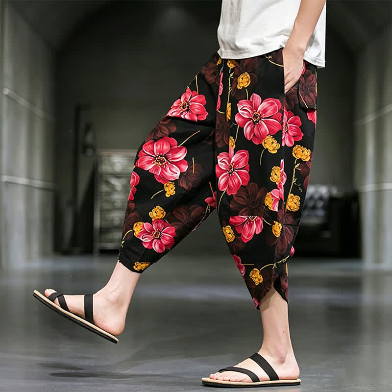 Buddha Stones Pantaloni Capri estivi casual boho con stampa floreale, modello affusolato da uomo con tasche. - image 23