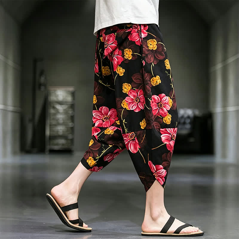 Buddha Stones Pantaloni Capri estivi casual boho con stampa floreale, modello affusolato da uomo con tasche. - image 19