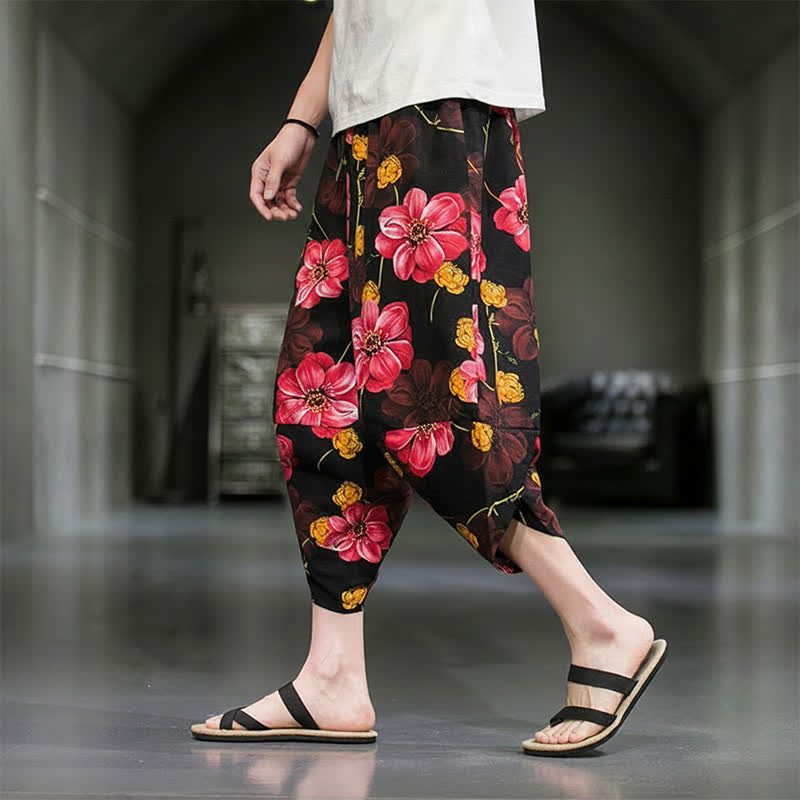 Buddha Stones Pantaloni Capri estivi casual boho con stampa floreale, modello affusolato da uomo con tasche. - image 21