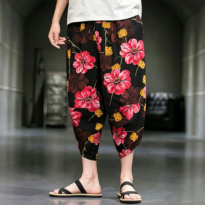 Buddha Stones Pantaloni Capri estivi casual boho con stampa floreale, modello affusolato da uomo con tasche. - image 22
