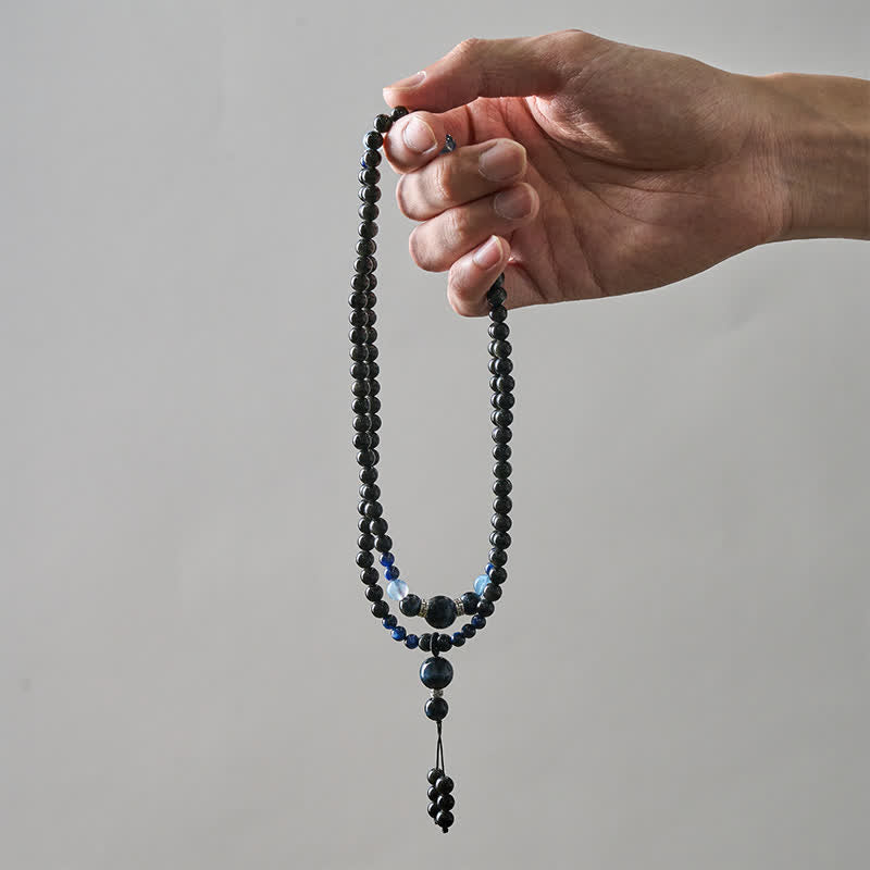 Mala artigianale con 108 perline e nappa rotonda in ossidiana nera Buddha Stones per la protezione. - image 6