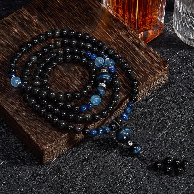 Mala artigianale con 108 perline e nappa rotonda in ossidiana nera Buddha Stones per la protezione. - Ossidiana nera (Protezione ♥ Radicamento) - image 0