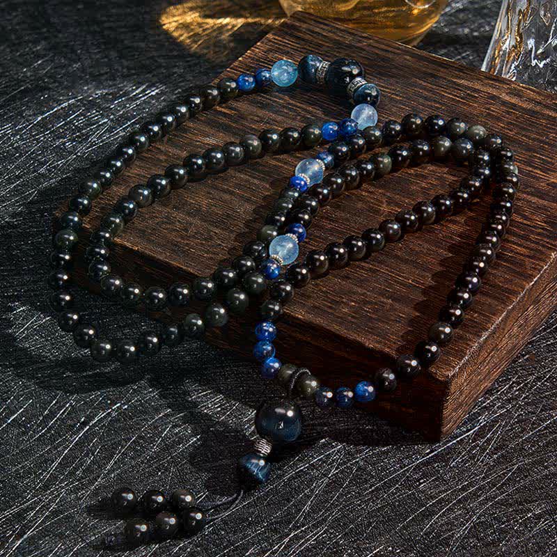 Mala artigianale con 108 perline e nappa rotonda in ossidiana nera Buddha Stones per la protezione. - image 1