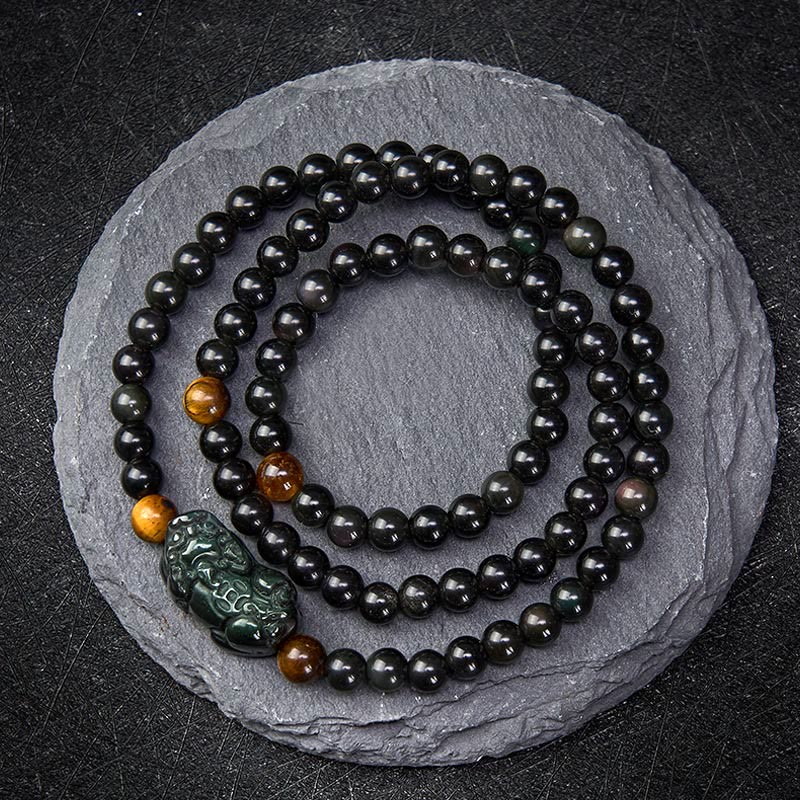 Buddha Stones Bracciale PiXiu con perline intagliate a mano in ossidiana arcobaleno e ossidiana nera, simbolo di ricchezza. - Perla di ossidiana arcobaleno (il colore cambia a seconda della luce) - 6 mm - image 0