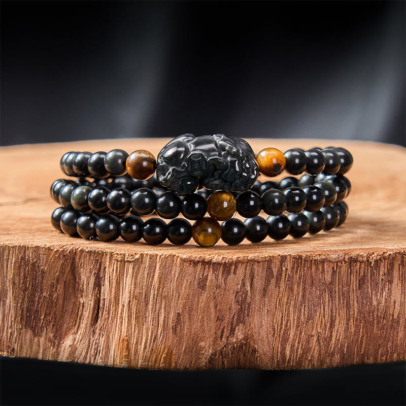 Buddha Stones Bracciale PiXiu con perline intagliate a mano in ossidiana arcobaleno e ossidiana nera, simbolo di ricchezza. - image 1