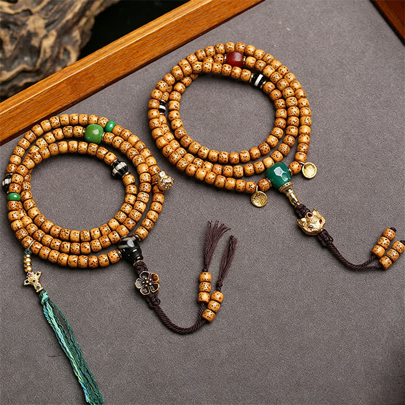 Buddha Stones Mala tibetano fatto a mano con 108 perle, composto da semi di Bodhi, zucca volpe e stella, luna e semi di Bodhi. - image 4