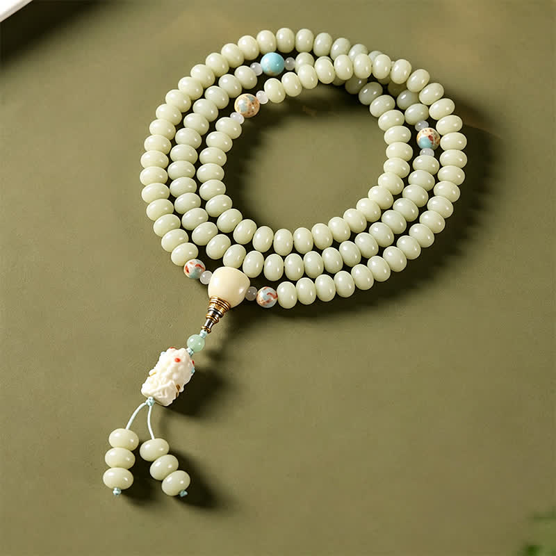 Buddha Stones Mala etnico intrecciato a mano con 108 perline raffiguranti semi di Bodhi bianchi, Bodhisattva Tara Hope. - image 1