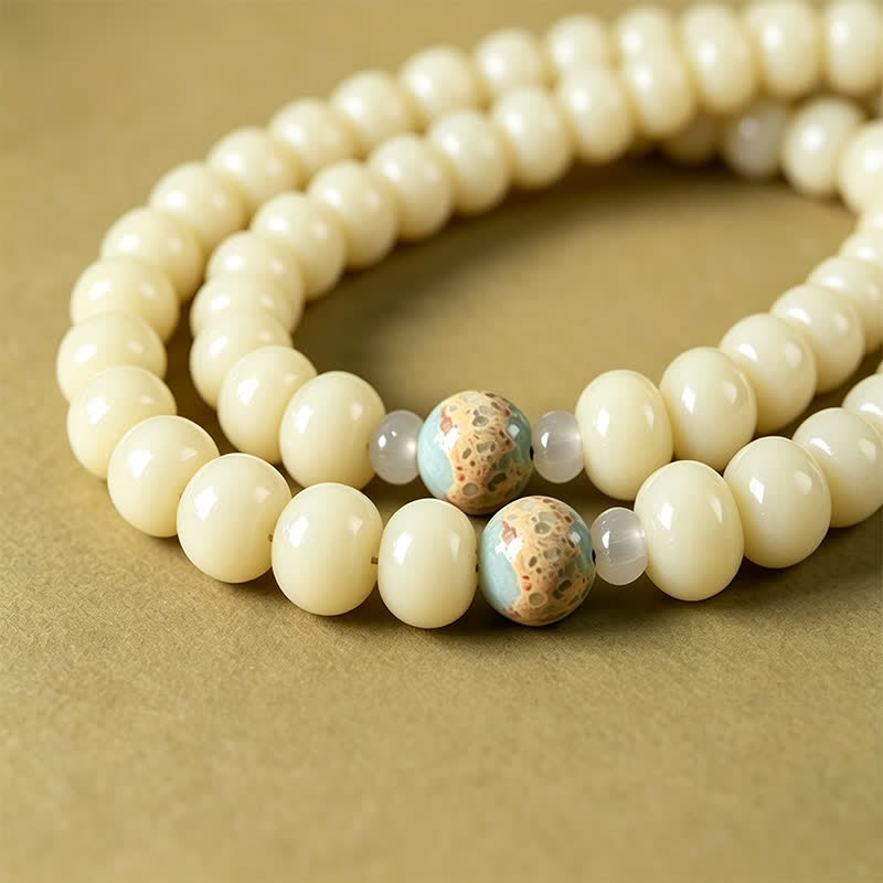 Buddha Stones Mala etnico intrecciato a mano con 108 perline raffiguranti semi di Bodhi bianchi, Bodhisattva Tara Hope. - image 11
