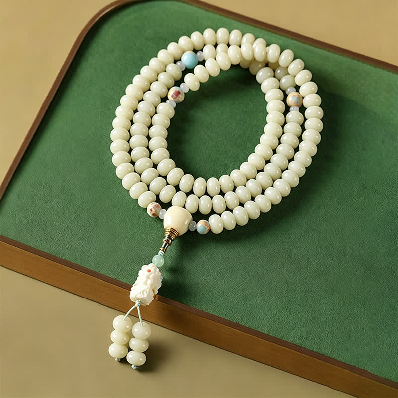 Buddha Stones Mala etnico intrecciato a mano con 108 perline raffiguranti semi di Bodhi bianchi, Bodhisattva Tara Hope. - Seme di Bodhi bianco (Purezza ♥ Chiarezza) - image 0