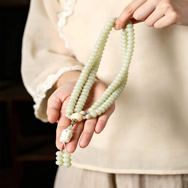 Buddha Stones Mala etnico intrecciato a mano con 108 perline raffiguranti semi di Bodhi bianchi, Bodhisattva Tara Hope. - image 7