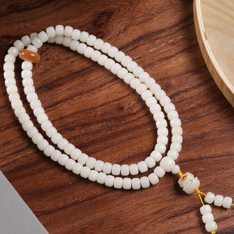 Buddha Stones Mala di preghiera con semi di Bodhi bianchi, purezza del gatto, lucidato a mano. - image 1