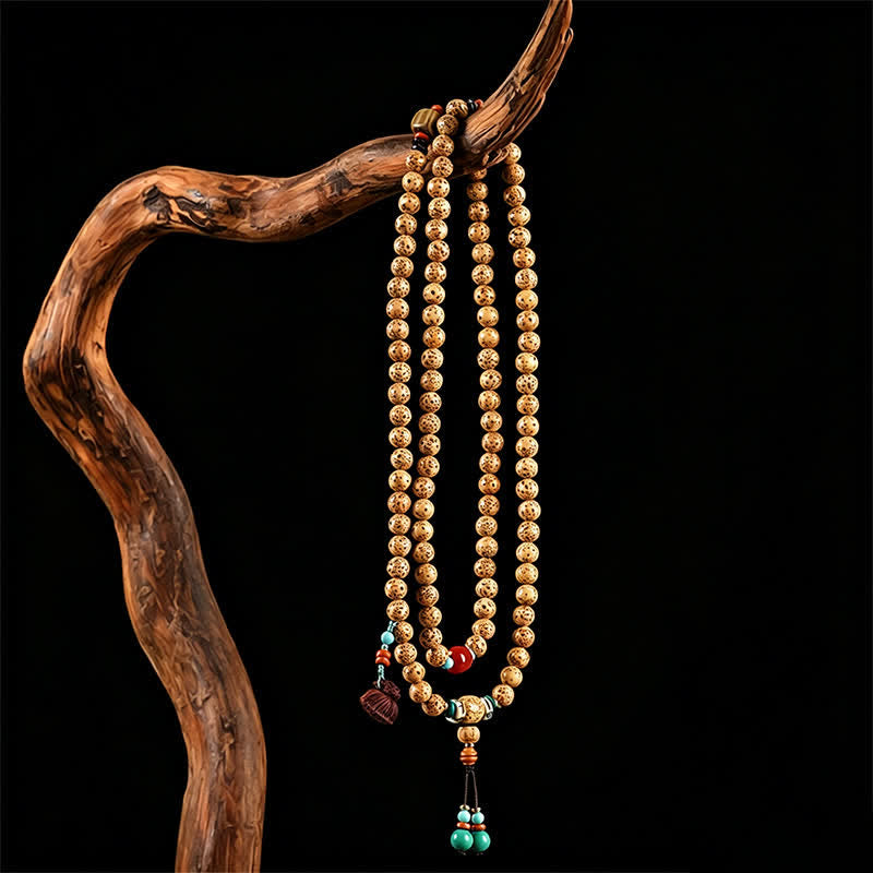 Buddha Stones Mala di saggezza artigianale con 108 perle, semi di Bodhi, baccelli di loto, stella, luna e baccello di saggezza. - image 8