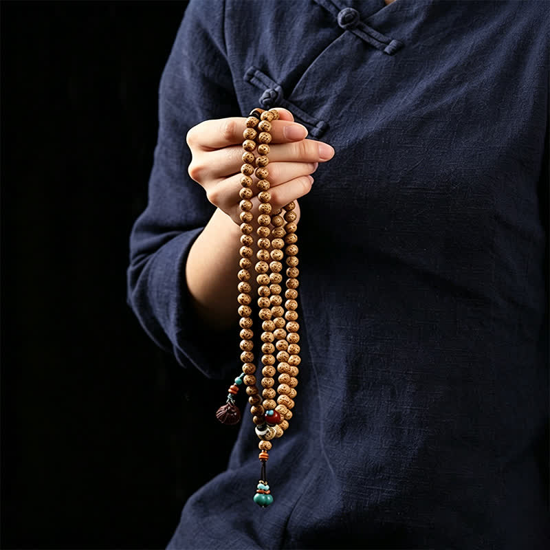 Buddha Stones Mala di saggezza artigianale con 108 perle, semi di Bodhi, baccelli di loto, stella, luna e baccello di saggezza. - image 10