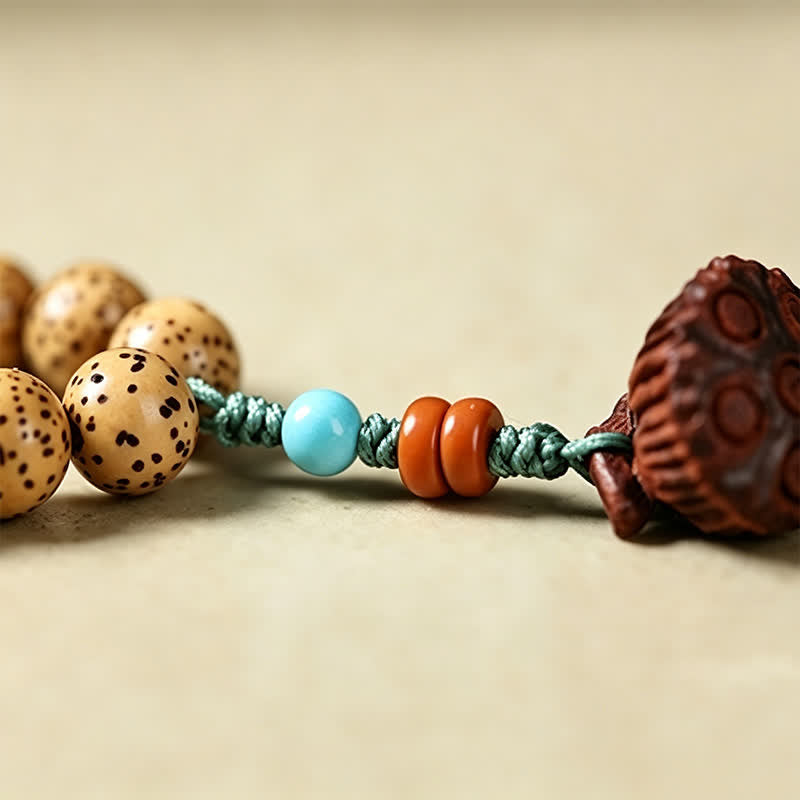 Buddha Stones Mala di saggezza artigianale con 108 perle, semi di Bodhi, baccelli di loto, stella, luna e baccello di saggezza. - image 17