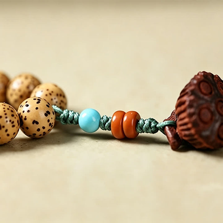 Buddha Stones Mala di saggezza artigianale con 108 perle, semi di Bodhi, baccelli di loto, stella, luna e baccello di saggezza. - image 17