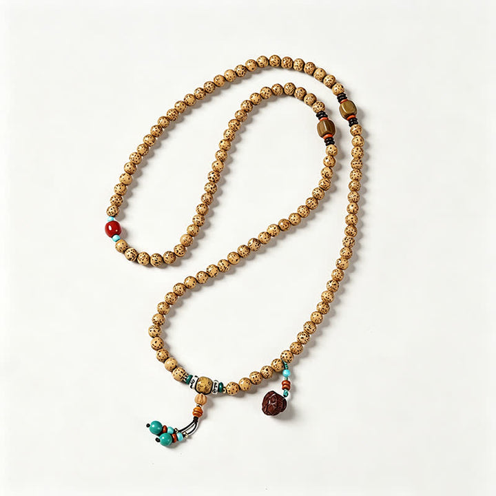 Buddha Stones Mala di saggezza artigianale con 108 perle, semi di Bodhi, baccelli di loto, stella, luna e baccello di saggezza. - image 3