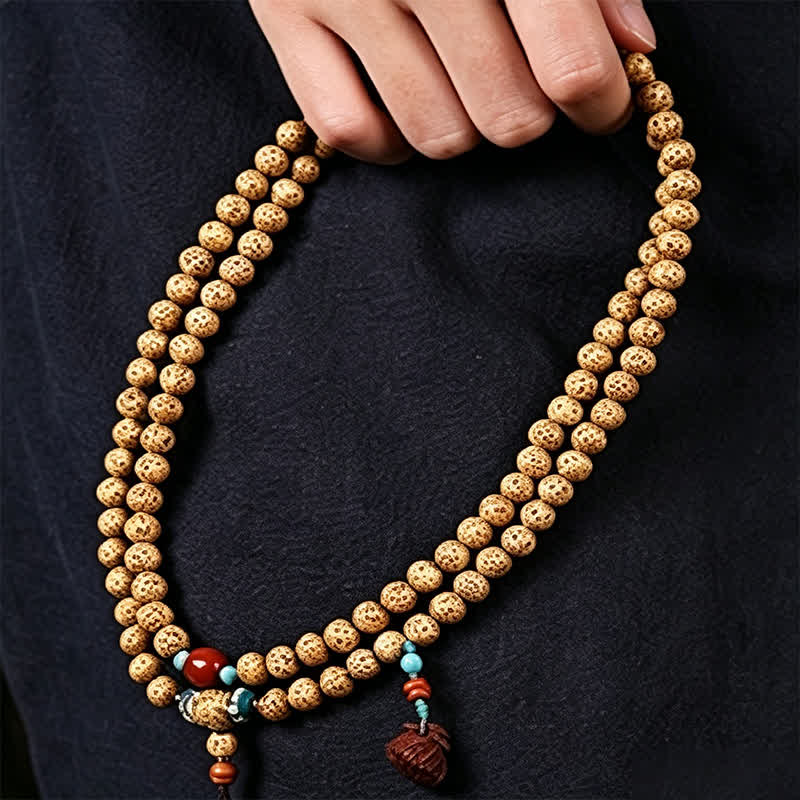 Buddha Stones Mala di saggezza artigianale con 108 perle, semi di Bodhi, baccelli di loto, stella, luna e baccello di saggezza. - image 9