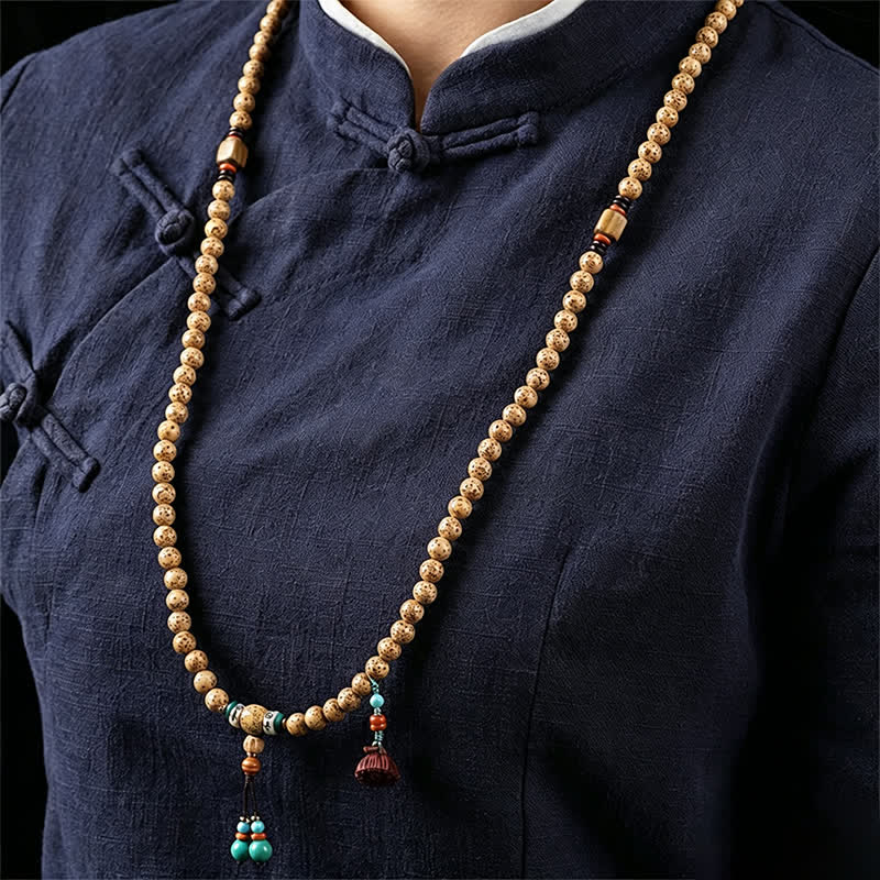 Buddha Stones Mala di saggezza artigianale con 108 perle, semi di Bodhi, baccelli di loto, stella, luna e baccello di saggezza. - image 11