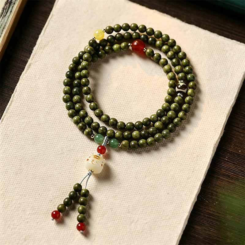 Buddha Stones Ciondolo a forma di gatto intrecciato a mano in legno di sandalo verde Serenity Mala etnico retrò - Sandalo verde (Energia calma ♥ Equilibrio spirituale) - image 0
