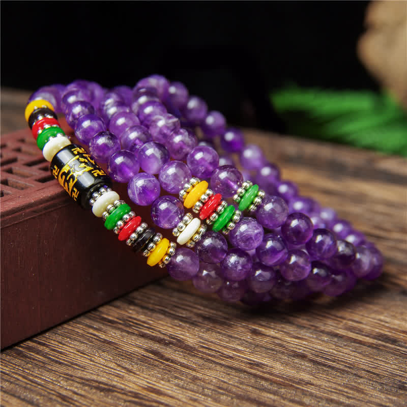 Buddha Stones Ametista Om Mani Padme Hum Preghiera della purezza 108 perle Mala - image 8