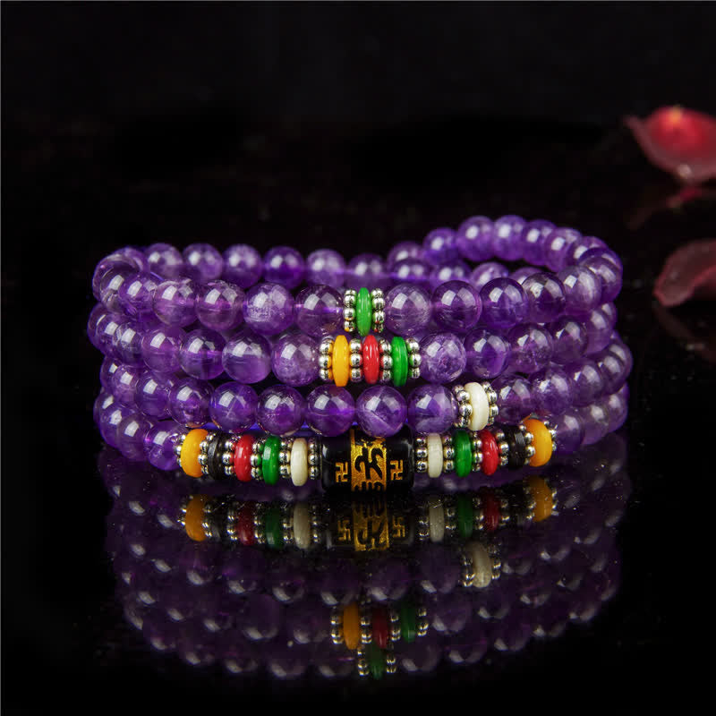 Buddha Stones Ametista Om Mani Padme Hum Preghiera della purezza 108 perle Mala - Ametista (Consapevolezza spirituale ♥ Equilibrio) - image 0