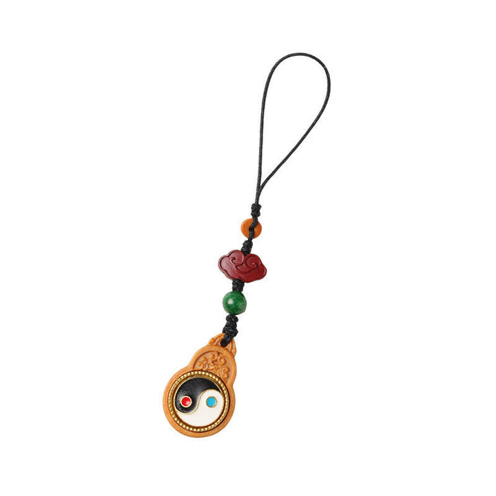 Buddha Stones Decorazione da appendere al telefono a forma di zucca con simbolo Yin Yang e legno di sandalo verde Bagua. - image 9