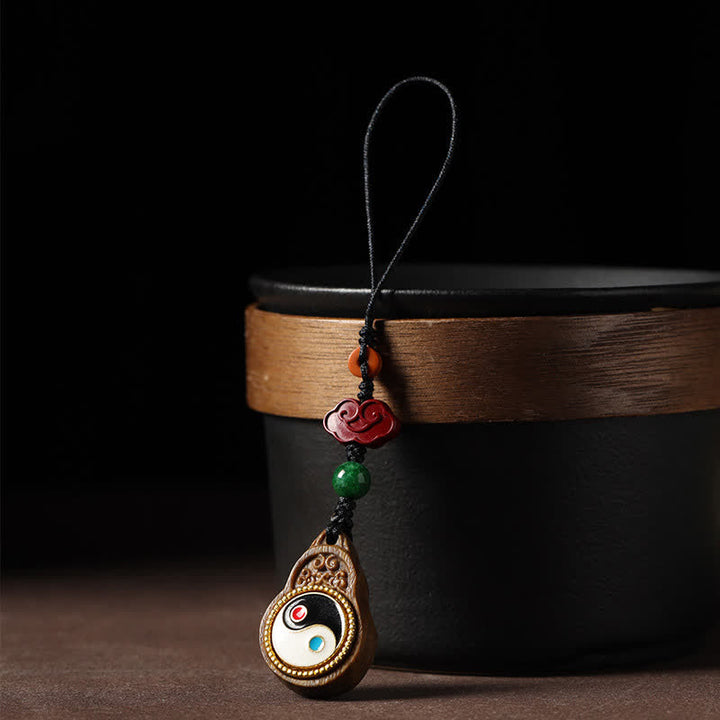 Buddha Stones Decorazione da appendere al telefono a forma di zucca con simbolo Yin Yang e legno di sandalo verde Bagua. - image 14
