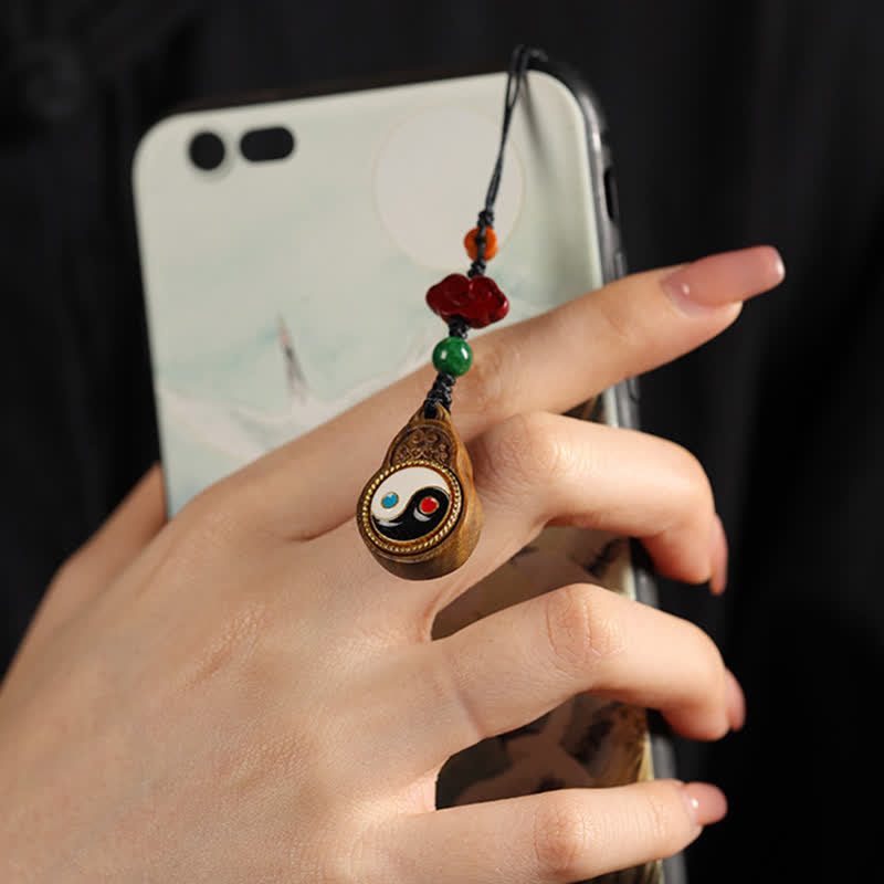 Buddha Stones Decorazione da appendere al telefono a forma di zucca con simbolo Yin Yang e legno di sandalo verde Bagua. - image 15