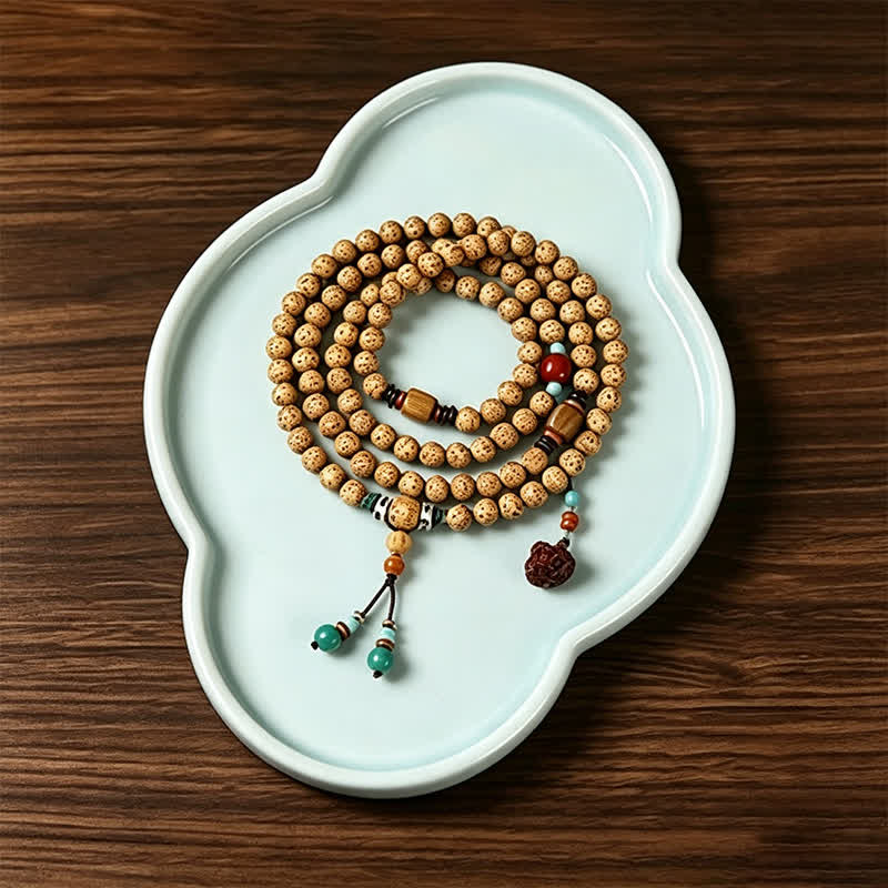 Buddha Stones Mala di saggezza artigianale con 108 perle, semi di Bodhi, baccelli di loto, stella, luna e baccello di saggezza. - image 1