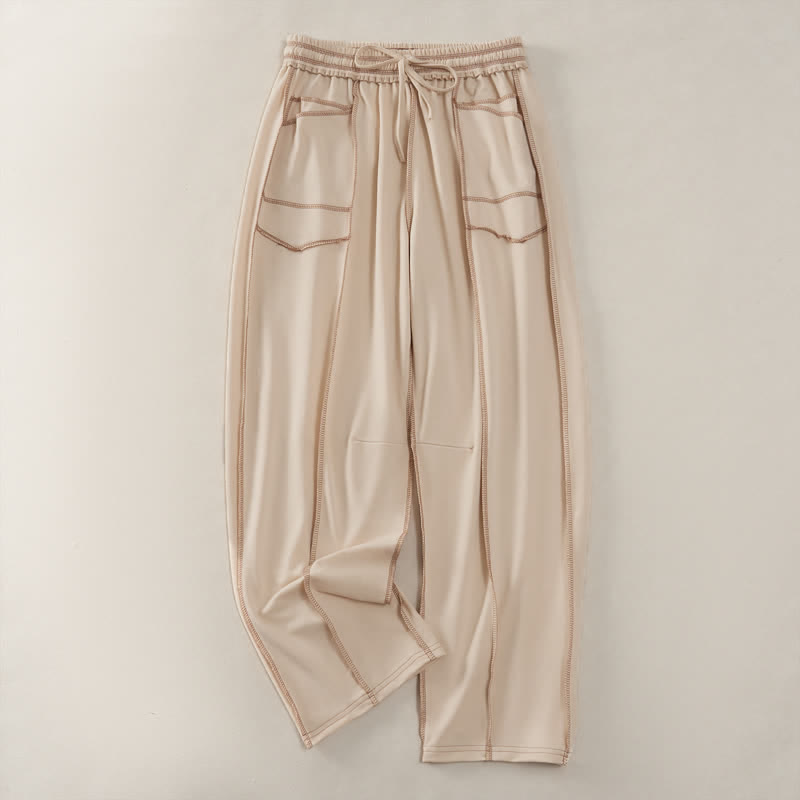 Pantaloni da donna a gamba dritta con tasche, stile casual estivo, minimalisti, con coulisse e tasche applicate, colore tinta unita, con Buddha Stones. - Beige - US8-10, UK/AU12-14, EU40-42 (2XL) - image 0