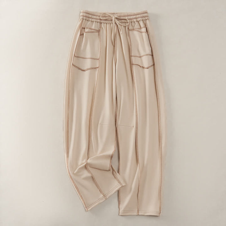 Pantaloni da donna a gamba dritta con tasche, stile casual estivo, minimalisti, con coulisse e tasche applicate, colore tinta unita, con Buddha Stones. - Beige - US8-10, UK/AU12-14, EU40-42 (2XL) - image 0