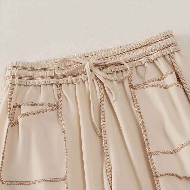 Pantaloni da donna a gamba dritta con tasche, stile casual estivo, minimalisti, con coulisse e tasche applicate, colore tinta unita, con Buddha Stones. - image 2