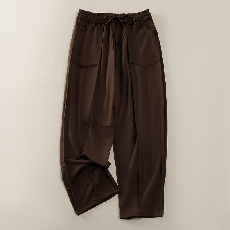 Pantaloni da donna a gamba dritta con tasche, stile casual estivo, minimalisti, con coulisse e tasche applicate, colore tinta unita, con Buddha Stones. - Marrone sella - US8-10, UK/AU12-14, EU40-42 (2XL) - image 18